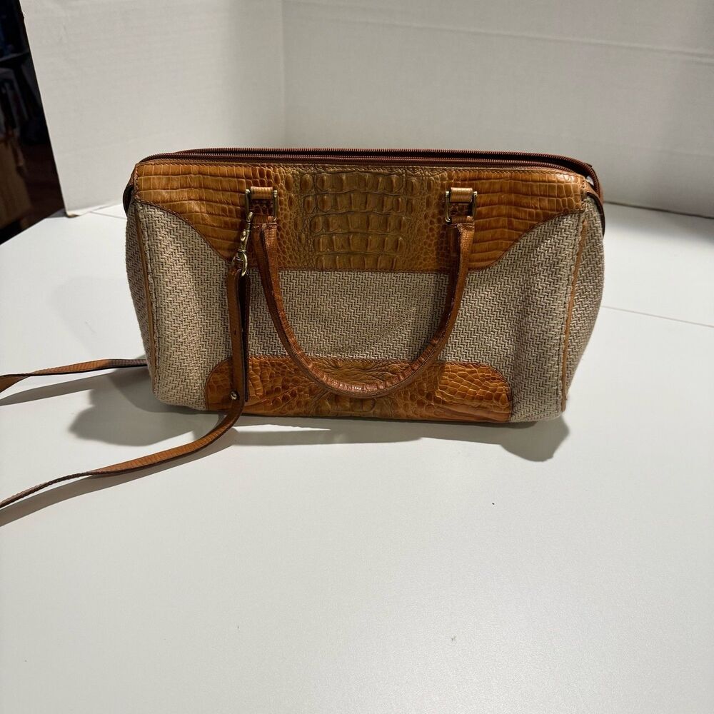 Brahmin Satchel Bag Woven Straw Tan Brown Croc Embossed Leather Shoulder